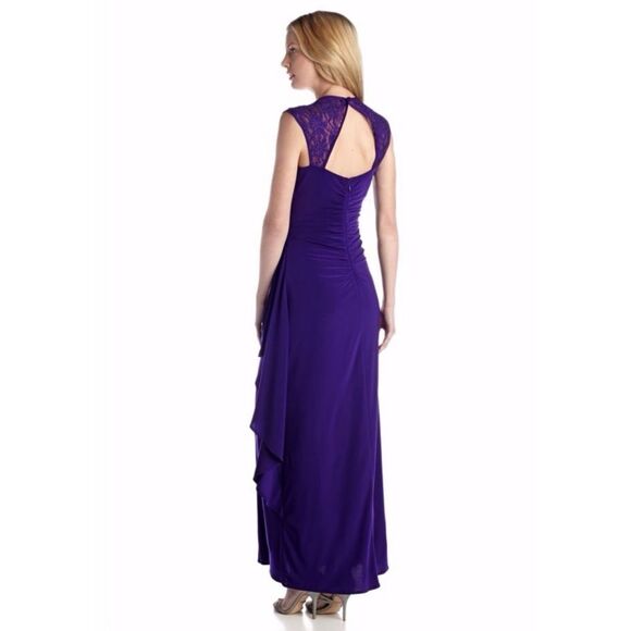 New! R&M RICHARDS Jeweled Lace-Shoulder Ruffled Open-Back Jersey Dress Purple 12 - Picture 5 of 5